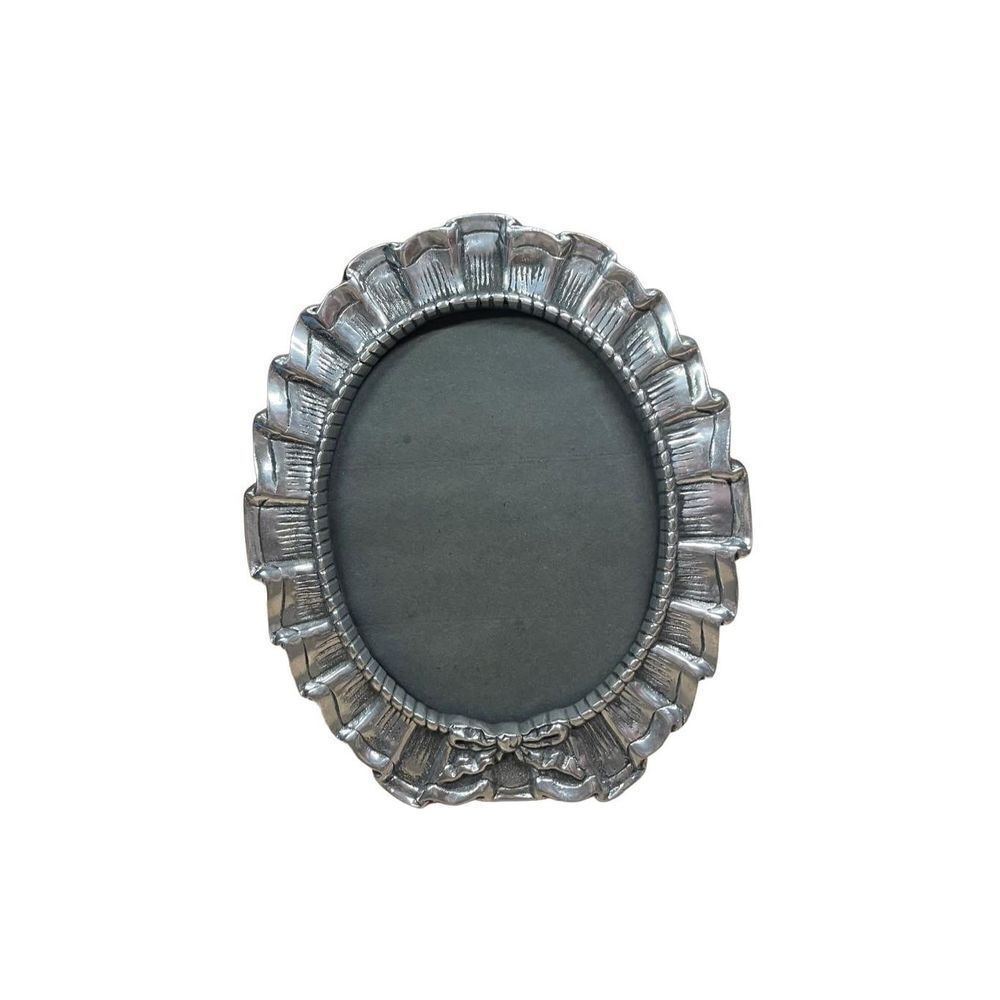 Vintage Ornate Pewter Silver Tone Ruffle Rope & Bow Oval Picture Photo Frame